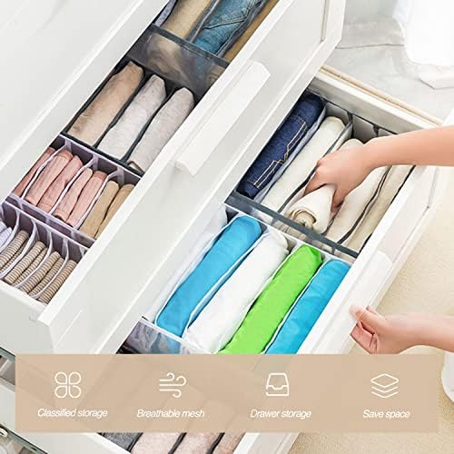 Wardrobe Clothes Organizer 7 Grids Portable Closet Organizer Mesh Separation Storage Box Foldable Closet Drawer Organizer for Underwear Socks Scarves Leggings (Grey, 4 Leggings Grid) - Image 3