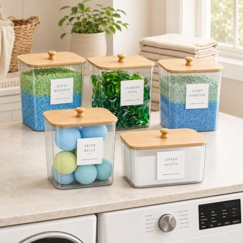 5 Pack Laundry Pods Container, Clear Laundry Room Organization Containers,Large Detergent Powder Storage, Black Wooden Lids & Labels and Scoops for Scent Booster, Powder, Pods - Image 5
