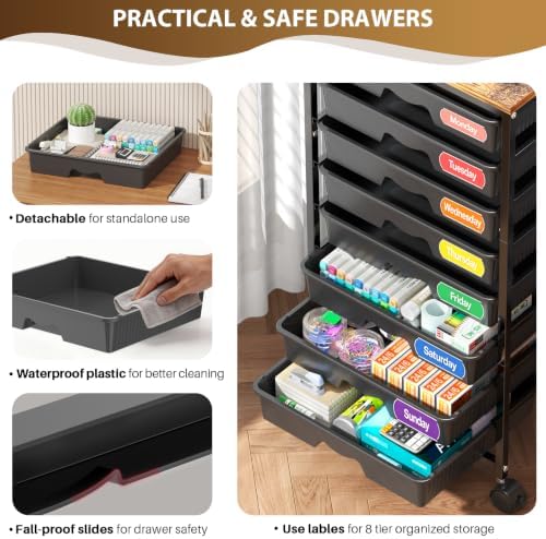 Goovilla Rolling Cart with 8 Drawers for Art, Dorm, Office, Craft, Black - Image 3