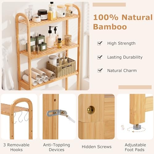 GIANTEX Bamboo Over The Toilet Storage, 3-Tier Over Toilet Bathroom Organizer with 3 Hooks & Adjustable Shelves, Freestanding Space Saver Above Toilet Shelf Rack for Laundry, Balcony, Restroom - Image 4