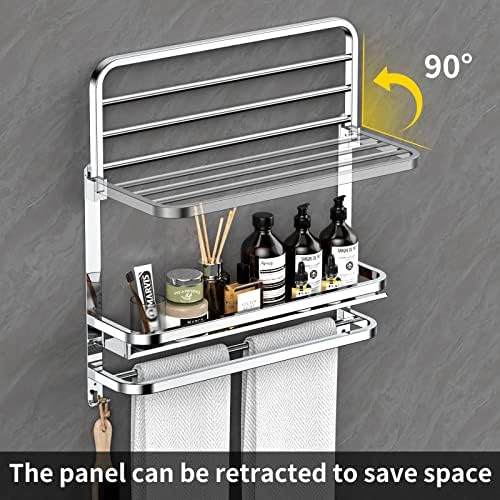 CAXIMSY Towel Rack with Shelf, 22.63" Bathroom Shelf with Double Towel Bars Stainless Steel, Wall Mounted, Foldable Top, 2 Hooks, Adhesive/Screw Install, Space-Saving for Small Bathrooms & Apartments - Image 3