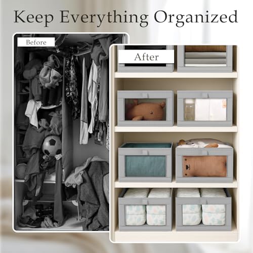 Criusia 8 Pack Linen Closet Organizers and Storage, Large Linen Closet Baskets for Organization, Foldable Storage Containers for Toys, Clothing, Towels, Jeans, Books, Shelves, Grey - Image 2