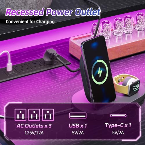 SUPERLELE Gaming Desk with Power Outlet, LED Lights, Storage Shelf & Drawer - Image 5