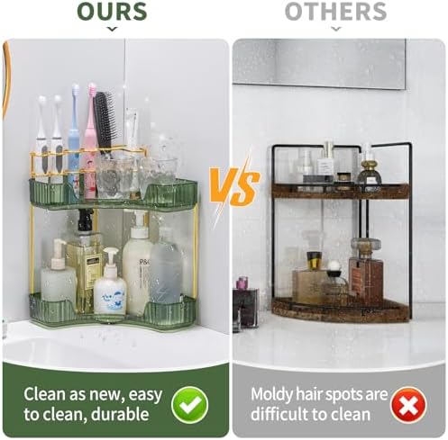 shuang qing Upgraded 2-Tier Corner Bathroom Countertop Organizer – Spacious Storage for Makeup, Skincare & Perfumes, Built-in Brush Holder Fits Vanity/Dresser/Bsthtub (Sage Green) - Image 5