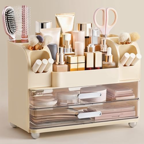HBlife Makeup Organizer for Vanity with Brush Holder, Large Bathroom Countertop Cosmetic Organizer Skin Care Storage, Easy to Store Lipsticks, Nail Polishes, Perfumes, Eyeshadow Palettes, Beige by HBlife