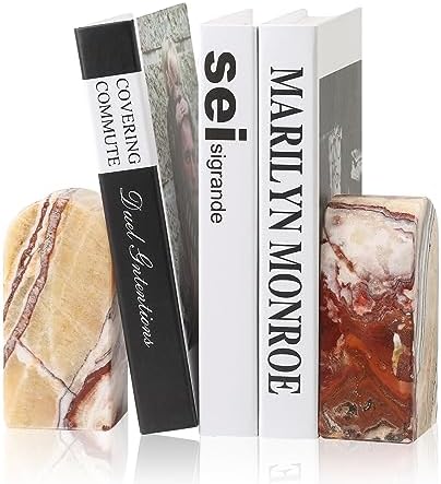 Koville Mexican Natural Marble Bookends for Shelves, Decorative Book Ends, 7lbs Heavy-Duty Marble Book Holders, Bookshelf Apartment Decor for Normal Books/CD/Video Games(Mexico Onyx) by Koville