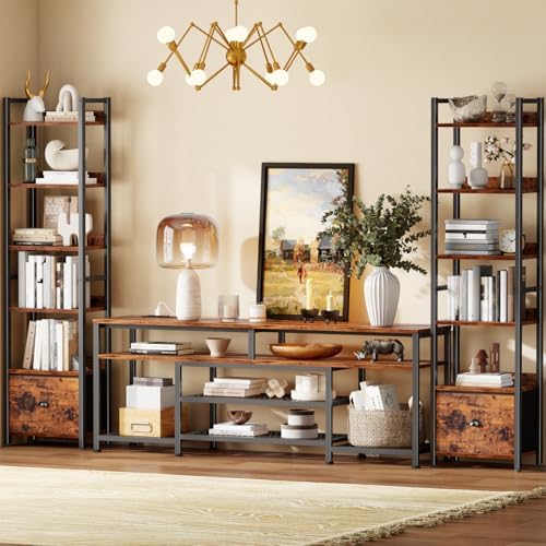 Furologee 6 Tier Bookshelf with Drawer, Tall Narrow Bookcase, Rustic Brown - Image 2