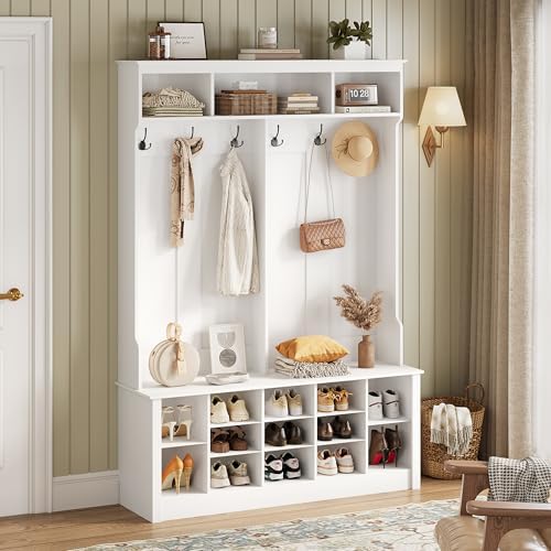 Wodeer Hall Tree with Bench and Shoe Storage, 53" Farmhouse 4-in-1 Mudroom Storage Organizer with Coat Rack, 6 Hooks, 12 Shoe Cubbies, Adjustable Shelf, for Entryway, Hallway, Living Room, White by WODEER