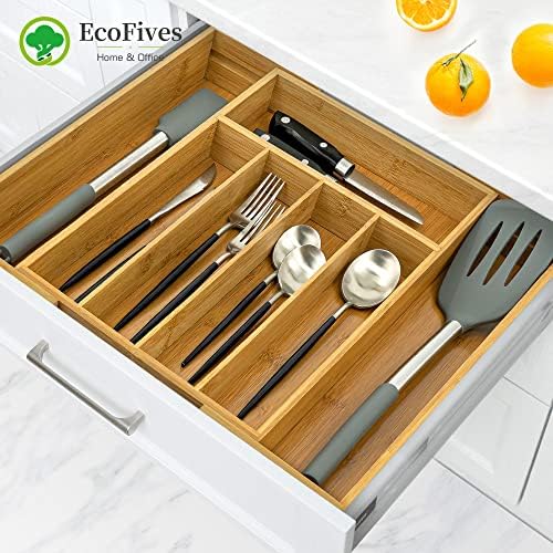 EcoFives Bamboo Silverware Organizer, Expandable Kitchen Drawer Organizer for Cutlery, Wooden Utensil Holder, Multi-Function Drawer Storage, 5-7 Compartments - Image 3
