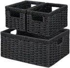 Vagusicc Wicker Storage Basket, Set of 3 Wicker Basket, Hand-Woven Paper Rope Storage Baskets for Organizing, Large Cube Storage Organizer Bins Baskets for Shelves Small Toilet Paper Baskets, Black by Vagusicc