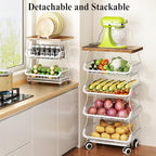 SAYZH 5-Tier Fruit and Vegetable Basket Stand for Kitchen, Wood Top, White - Image 3