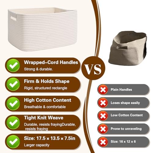 2 Pack Large Storage Basket for Organizing, 17.5"x13"x7" Woven Basket for Shelves, Closet Cube Storage Bins with Wrapped Handle, Cotton Rope Baskets for Kitchen, Clothes, Toys(Off White) - Image 5
