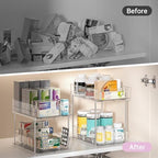 Delamu 2 Tier Under Sink Organizer Bathroom, Bathroom Cabinet Organizer with Snap-Lock Design and Hooks, Pull Out Storage with Movable Dividers, for Countertop, Kitchen and Pantry (Clear, 4 Pack) - Image 5
