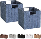 Vagusicc Wicker Basket, Set of 2 Hand-Woven Paper Rope Storage Baskets for Organizing, Foldable Cubby Storage Bins, 9 Inch Small Wicker Storage Basket, Square Baskets Cube Storage Organizer Bins, Blue by Vagusicc