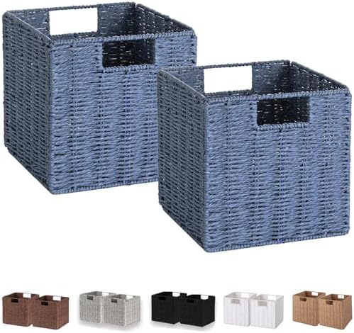 Vagusicc Wicker Basket, Set of 2 Hand-Woven Paper Rope Storage Baskets for Organizing, Foldable Cubby Storage Bins, 9 Inch Small Wicker Storage Basket, Square Baskets Cube Storage Organizer Bins, Blue by Vagusicc