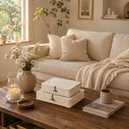 YANGQIHOME Set of 2 Seagrass Baskets with Lids, Rectangular Woven Storage Baskets, Natural Wicker Basket Boxes for Coffee Table, Shelf, Bathroom Counter & Closet Decor (Whitewashed, Set of 2) - Image 3