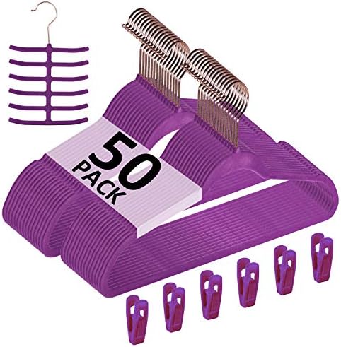 VECELO Premium Velvet Clothes Hangers Suit Heavy Duty (50 Pack)-Non Slip & Space-Saving with 6 Finger Clips & Tie Rack Excellent for Men and Women,Purple by VECELO