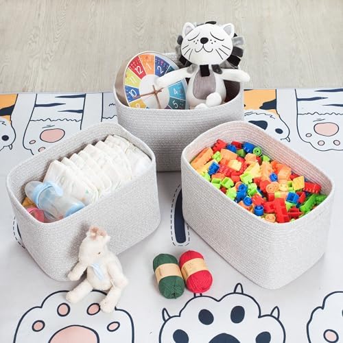 MINTWOOD Design 3-Pack Decorative Woven Storage Baskets for Shelves, Cube Bin Box for Organizing Books, Shoes, Dog Toys, Pantry Closet and Living Room Organizer, Light Gray Mix - Image 7