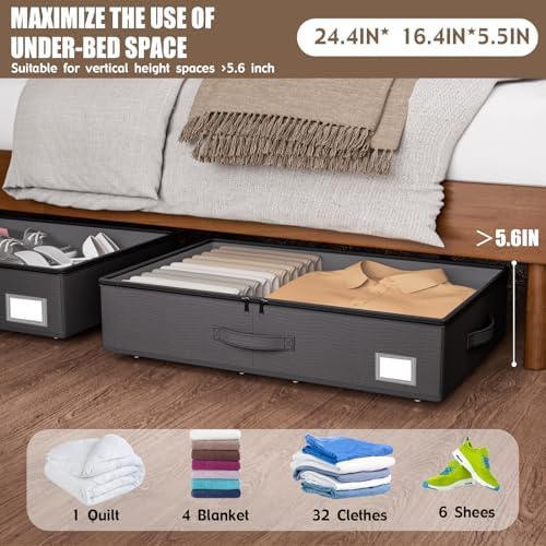 EE-RoomWorld Underbed Storage With Wheels, No Assembly Required - 5.5 Inch Height Black Underbed Bins, Low Profile Rolling Shoe Storage Containers for Dorm - Image 2