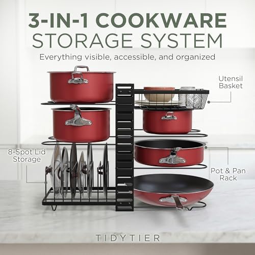 7-Tier Pots and Pans Organizer Under Cabinet - Cooking Pot Lid Organizer for Cabinet with Basket for Utensils, Lid Rack - Adjustable Vertical Holder Cookware Storage, Steel Pot Rack for Kitchen - Image 2
