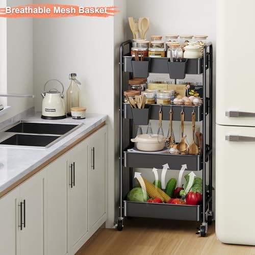 4 Tier Rolling Cart Metal with Wheels, Black Storage Carts,38in Tall - Image 4
