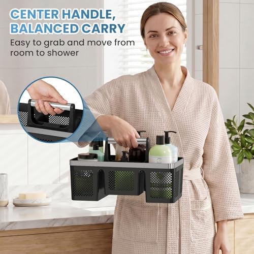 BYUNER 2Pack Plastic Shower Caddy: Portable Hard Bathroom Basket Tote with Handle, 4 Divided Compartments, All-Side Drainage, Non-Mesh Shower & Cleaning Caddy Organizer for College Dorm, Black/Silver - Image 4