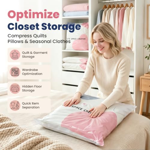 10PCS No Pump Vacuum Storage Bags, No Pump Large Vacuum Storage Compression Bags, Thick Airtight Reusable Organizer for Clothes Comforters Travel Moving Closet Storage (L) - Image 2