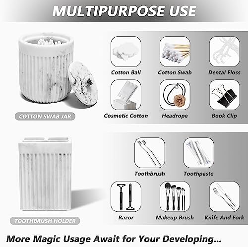 XLHOMO Resin White Marble Bathroom Accessories Set 5 Pcs, Lotion Soap Dispenser, Toothbrush Holder, Bathroom Tumbler, Qtip Holder and Vanity Tray, Bathroom Countertop Organizer Set for Home Apartment - Image 4