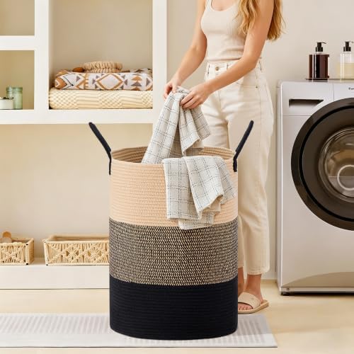 100L Extra Large Tall Cotton Rope Laundry Basket with Handle, Brown & Black - Image 4
