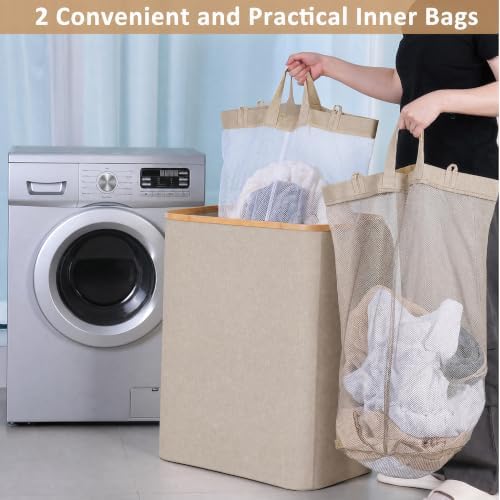 IEGrow Laundry Hamper with Lid,150L Laundry Basket with 2 Mesh Bags,Oatmeal - Image 4