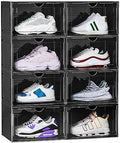 8 Pack XL Shoe Storage Box Organizer,Drop Side Large Shoe Boxes Clear Plastic Stackable Container,Magnetic Sneaker Display Case, Fit up to US 13（13.4”x 10.6”x 8.3”(8 Pack Black) by OMOPINSHOEBOX