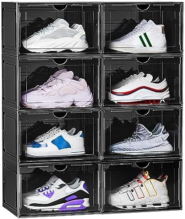 8 Pack XL Shoe Storage Box Organizer,Drop Side Large Shoe Boxes Clear Plastic Stackable Container,Magnetic Sneaker Display Case, Fit up to US 13（13.4”x 10.6”x 8.3”(8 Pack Black) by OMOPINSHOEBOX