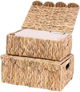 LUSYDECO Set of 2 Scalloped Edge Wicker Basket with Lids, Rectangle Wicker Storage Basket with Built-in Handles, Multipurpose Organizer Rattan Display Boxes for Shelf, Nursery Room by RattanWebbingMeshRolls