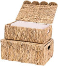 LUSYDECO Set of 2 Scalloped Edge Wicker Basket with Lids, Rectangle Wicker Storage Basket with Built-in Handles, Multipurpose Organizer Rattan Display Boxes for Shelf, Nursery Room by RattanWebbingMeshRolls
