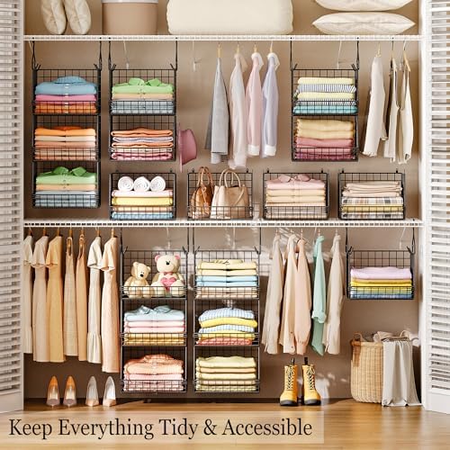 X-cosrack 3-Tier Hanging Closet Organizer, Laundry Room Organization | Space Saving Shelves with 1.65" Hook & 5 S-Hooks | Hanging Wire Baskets (12.4" W x 8.8" H x 10.24-11.8" D) - Image 2