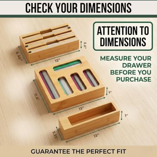 Atlas Lane Supply 9 in 1 Bamboo Storage Bag Organizer for Kitchen Drawer, Bamboo Kitchen Drawer Organizer with Cutter, Foil and Plastic Wrap Dispenser, Storage: Gallon, Quart, Sandwich and Snack Bags - Image 2