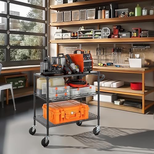 Finnhomy 3 Tier Heavy Duty Commercial Grade Utility Cart with Wood Top, Wire Rolling Cart with Wheels and Handle Bar, Kitchen Carts on Wheels, Metal Cart with 600 LBS Capacity, Black - Image 5