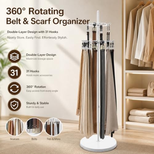 Floor Standing Belt Display, Tie Rack Floor Mounted Belt Hanger Belt Display Shelf Purse Hanger Stand Scarf Stand Adjustable Feet for Home, Boutiques, Clothing Stores, Retail Stores (White) - Image 6