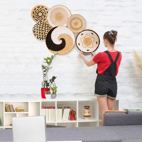 Set of 6 Large Round Rustic Farmhouse Trendy Wall Decor - Rattan Seegrass Handcrafted Hanging Woven Wall Baskets With Attached Hooks - Perfect For Bedroom & Living Room Decor - Image 2