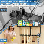 27" Mop and Broom Holder Wall Mount with Top Storage Shelf & Hooks,Black - Image 3