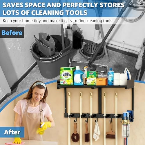 27" Mop and Broom Holder Wall Mount with Top Storage Shelf & Hooks,Black - Image 3