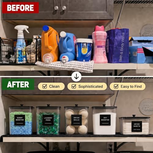 5 Pack Laundry Pods Container, Clear Laundry Room Organization Containers,Large Detergent Powder Storage, Black Wooden Lids & Labels and Scoops for Scent Booster, Powder, Pods - Image 3