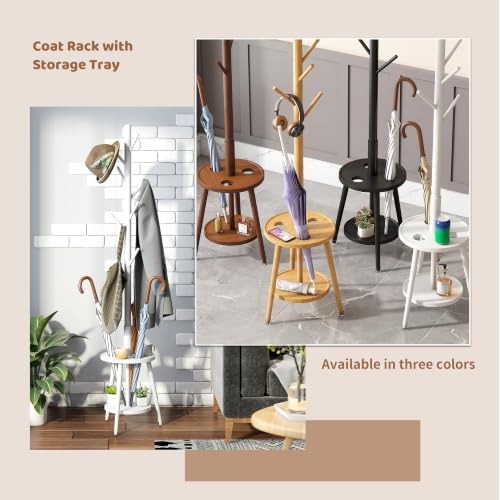 Freestanding Coat Rack with Umbrella Organizer Tray Bamboo Coat Tree Rack with 8 Hook Stand for Clothes Bag Hats Entryway Hanger Stand (Umbrella Tray, White) - Image 4