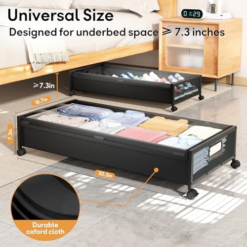 Under Bed Storage Containers with Wheels 2 Pack Underbed Shoe Storage Bedroom Storage Bins Organizer Large Capacity Under Bed Storage with Lid for Clothes Shoes Toys Blankets (Black) - Image 6