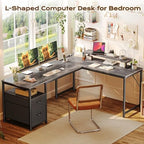 PRAISUN 63 Inch L Shaped Desk with Power Outlets and USB-C Port, Computer Corner Home Office Desk with File Fabric Drawers and Movable Monitor Stand, Larger Storage, Gaming, Writing, Work, Grey - Image 3