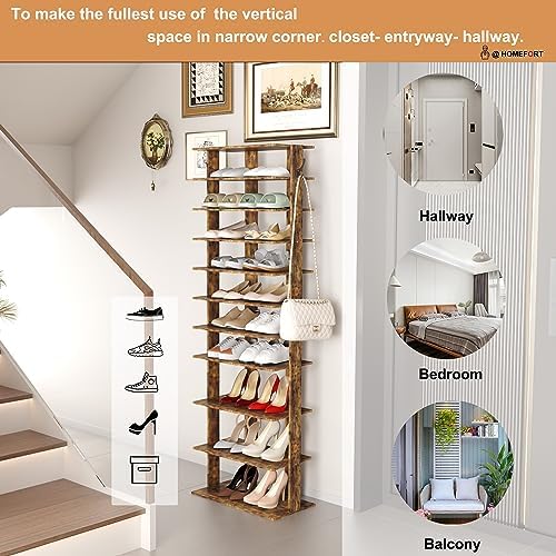 HOMEFORT 10-Tier Vertical Shoe Rack, Corner Shoe Tower, Double Rows 10 Tiers Shoe Shelf, Slim Shoe Storage Unit for 20 Pairs of Shoes, Shoe Stand for Entryway, Hallway, Closet (Rustic Brown) - Image 5