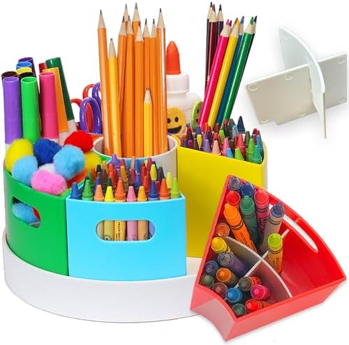 Kids Art Supply Storage Organizer with Dividers – 8.6" Rotating Lazy Susan Caddy for Crayons, Markers & Pencils by PUZZLEEZ