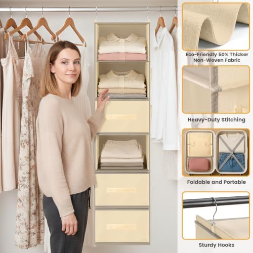 Hanging Closet Organizer 6-Shelf with 3 Drawers & Side Pockets, Closet Organizers and Storage for Dorm, Nursery & Wardrobe Organization, Hanging Shelf Clothes Organizer for Sweaters, Shoes, Beige - Image 3