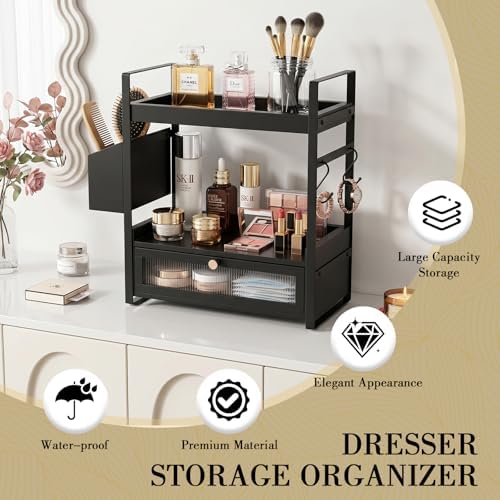 2-Tier Bathroom Counter Organizer with Acrylic Drawer & Basket, Wood Bathroom Countertop Organizer for Bathroom Decor, Rustic Black Bathroom Organizers and Storage, Bathroom Shelf for Office, Kitchen - Image 5