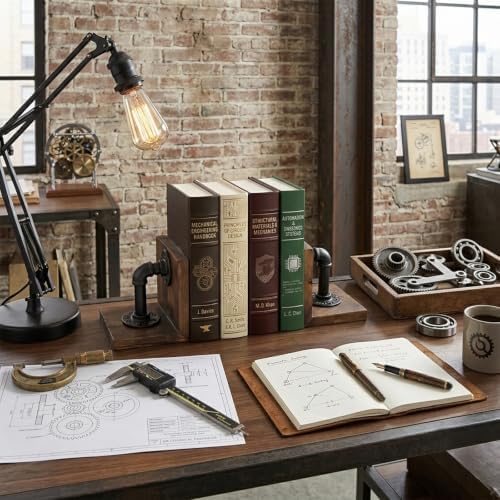 Bookends for Shelves, Heavy Book Ends with Extended Metal Base, Wood Non Skid Book Stopper, Antique Steampunk Industrial Pipe Office Decor for Men, Dark Brown L-Shaped Bookends Holder for Shelf (Pair) - Image 3